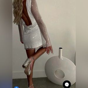 Anna White Rhinestone Mesh Mini Dress- White